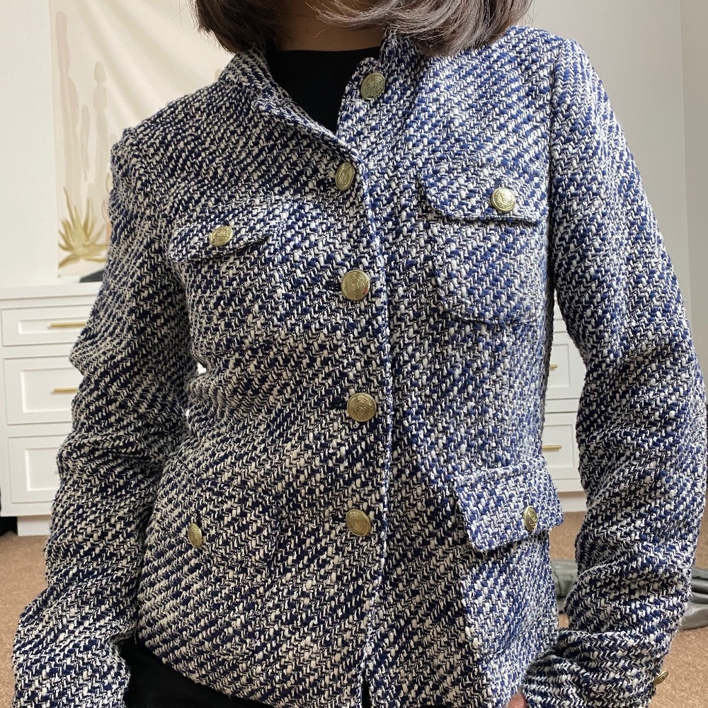 CACHE Navy Blue and White Zipper Blazer Jacket